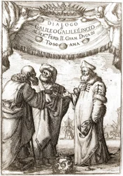 Aristote, Ptolémée et Nicolas Copernic (Nicolaus Copernicus, 1473-1543) (astronomes) en conversation - dans « Dialogo sopra i due massimi sistemi del mondo » de Galileo, Galilei linceo, al Ser. mo F